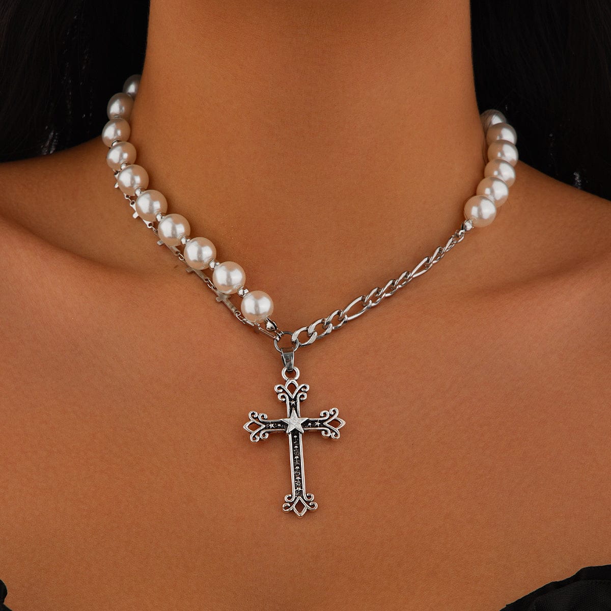 Chic Star Cross Pendant Pearl Chain Choker Necklace