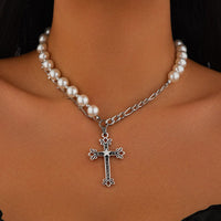 Thumbnail for Chic Star Cross Pendant Pearl Chain Choker Necklace