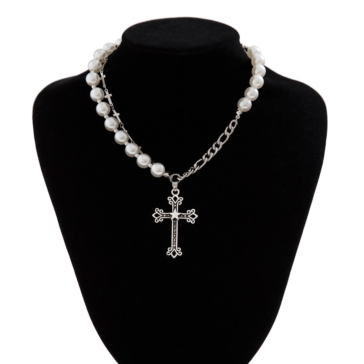 Chic Star Cross Pendant Pearl Chain Choker Necklace