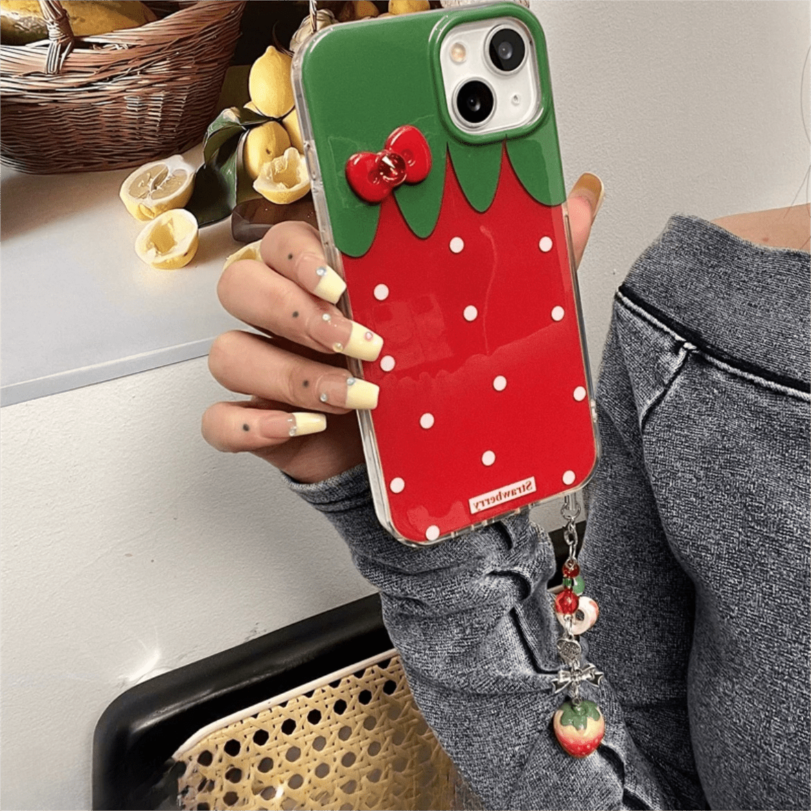 Chic Strawberry Crystal Inlaid Bowknot iPhone Case With Accessories - ArtGalleryZen