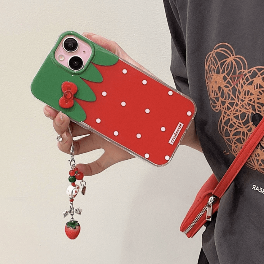 Chic Strawberry Crystal Inlaid Bowknot iPhone Case With Accessories - ArtGalleryZen