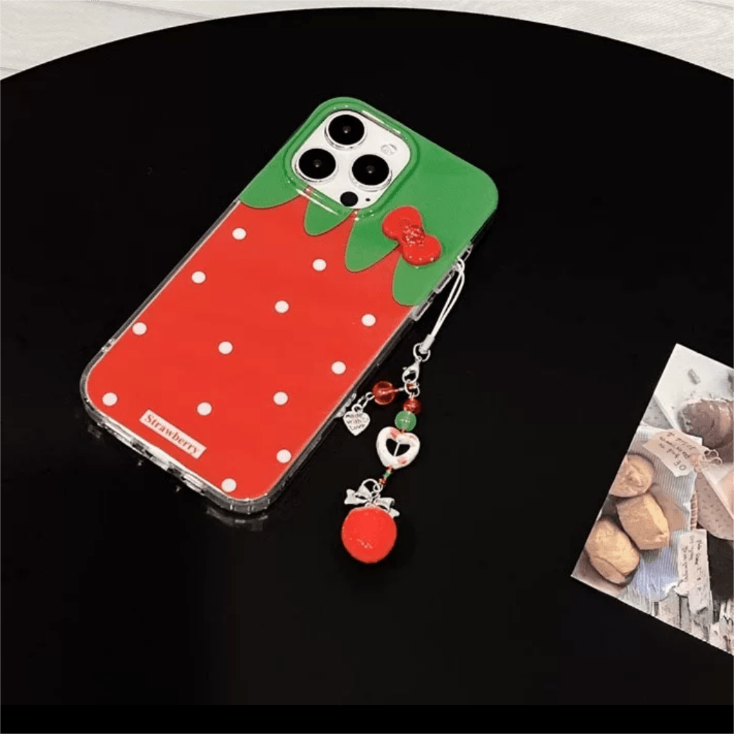 Chic Strawberry Crystal Inlaid Bowknot iPhone Case With Accessories - ArtGalleryZen