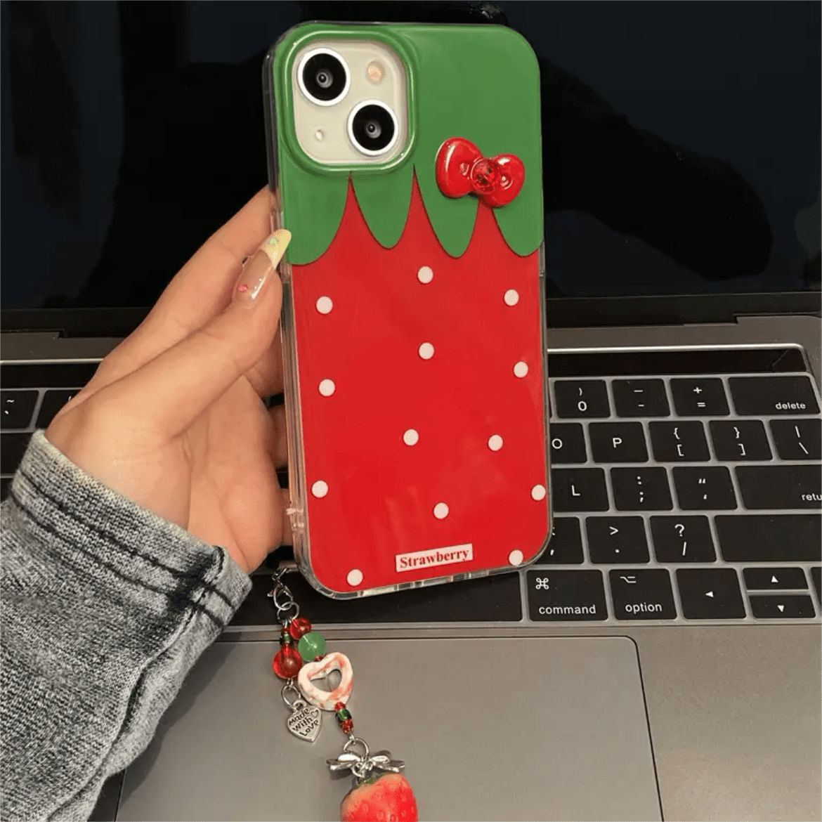 Chic Strawberry Crystal Inlaid Bowknot iPhone Case With Accessories - ArtGalleryZen