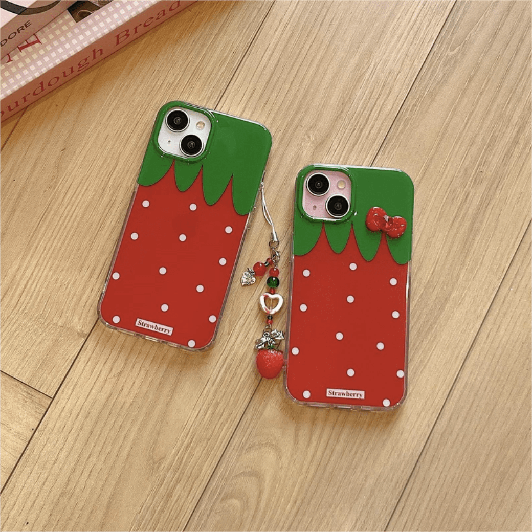 Chic Strawberry Crystal Inlaid Bowknot iPhone Case With Accessories - ArtGalleryZen