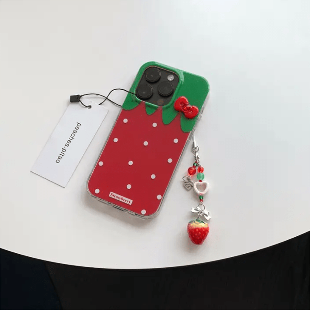 Chic Strawberry Crystal Inlaid Bowknot iPhone Case With Accessories - ArtGalleryZen