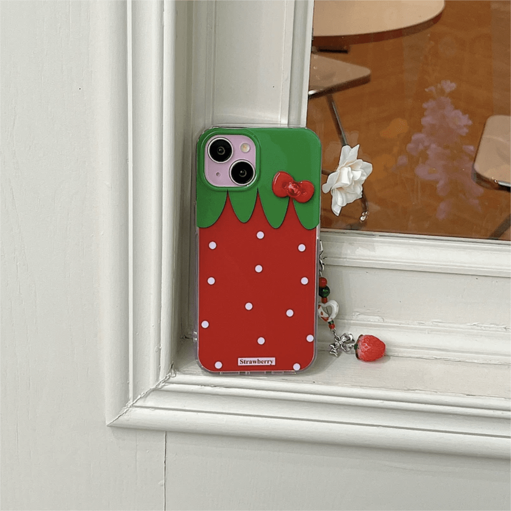 Chic Strawberry Crystal Inlaid Bowknot iPhone Case With Accessories - ArtGalleryZen