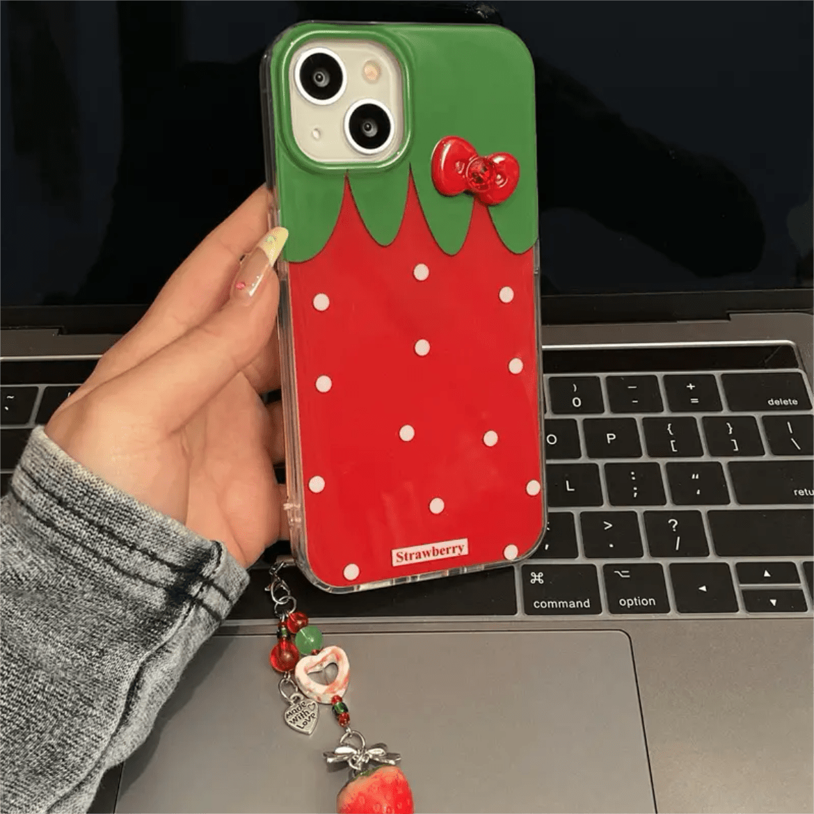 Chic Strawberry Crystal Inlaid Bowknot iPhone Case With Accessories