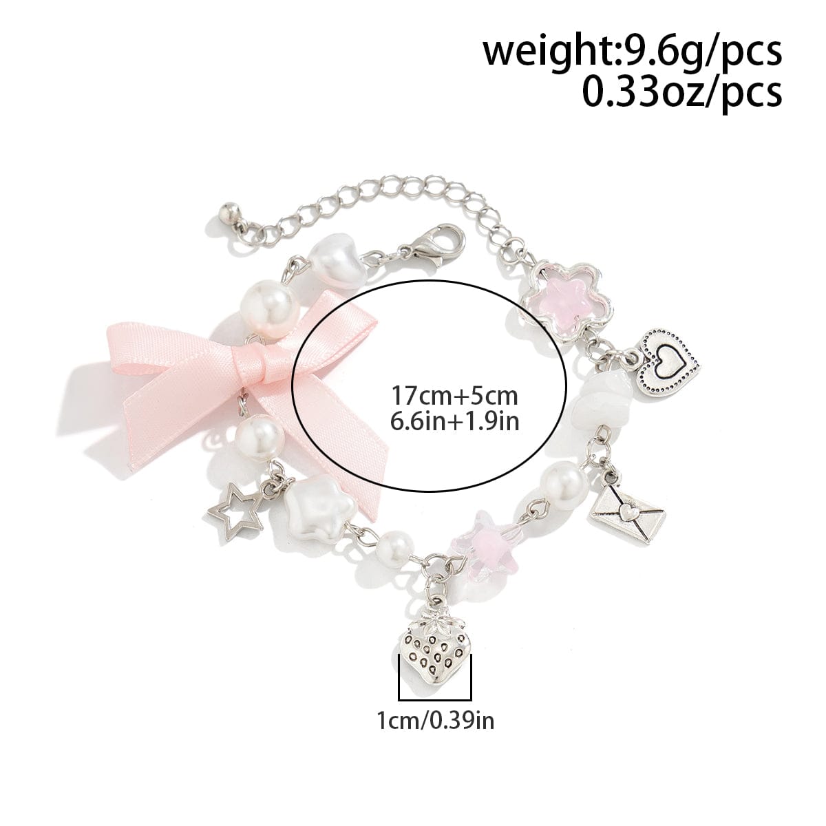Chic Strawberry Heart Charm Bowknot Pearl Chain Bracelet - ArtGalleryZen