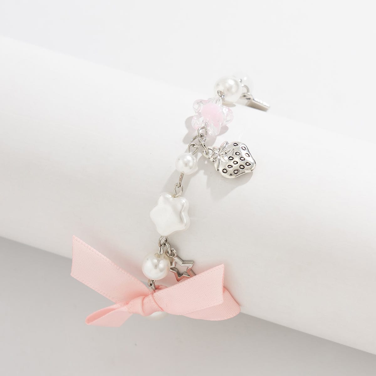 Chic Strawberry Heart Charm Bowknot Pearl Chain Bracelet - ArtGalleryZen
