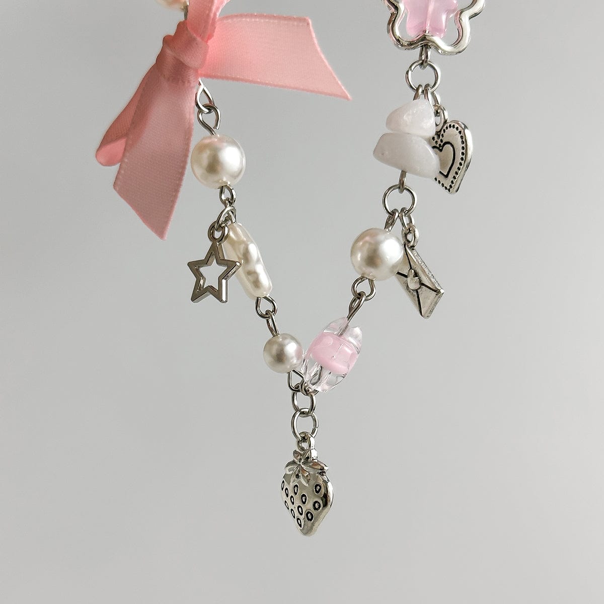 Chic Strawberry Heart Charm Bowknot Pearl Chain Bracelet - ArtGalleryZen