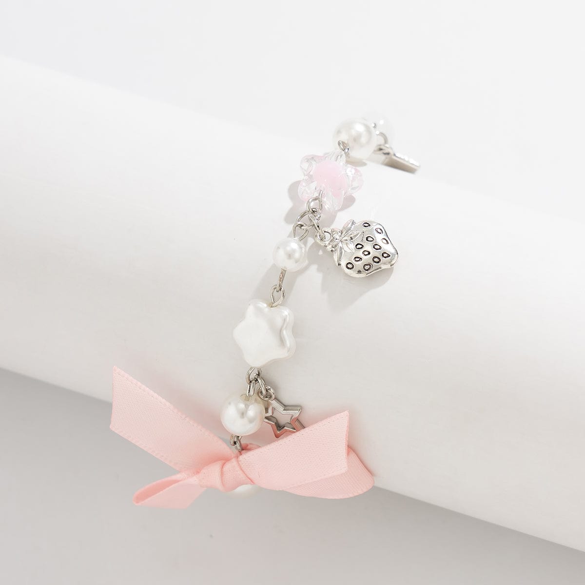 Chic Strawberry Heart Charm Bowknot Pearl Chain Bracelet