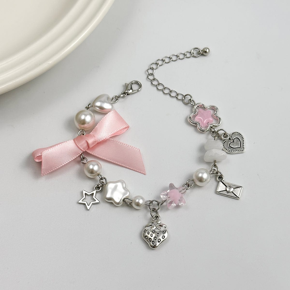 Chic Strawberry Heart Charm Bowknot Pearl Chain Bracelet