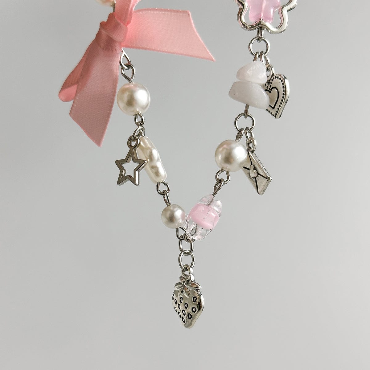 Chic Strawberry Heart Charm Bowknot Pearl Chain Bracelet