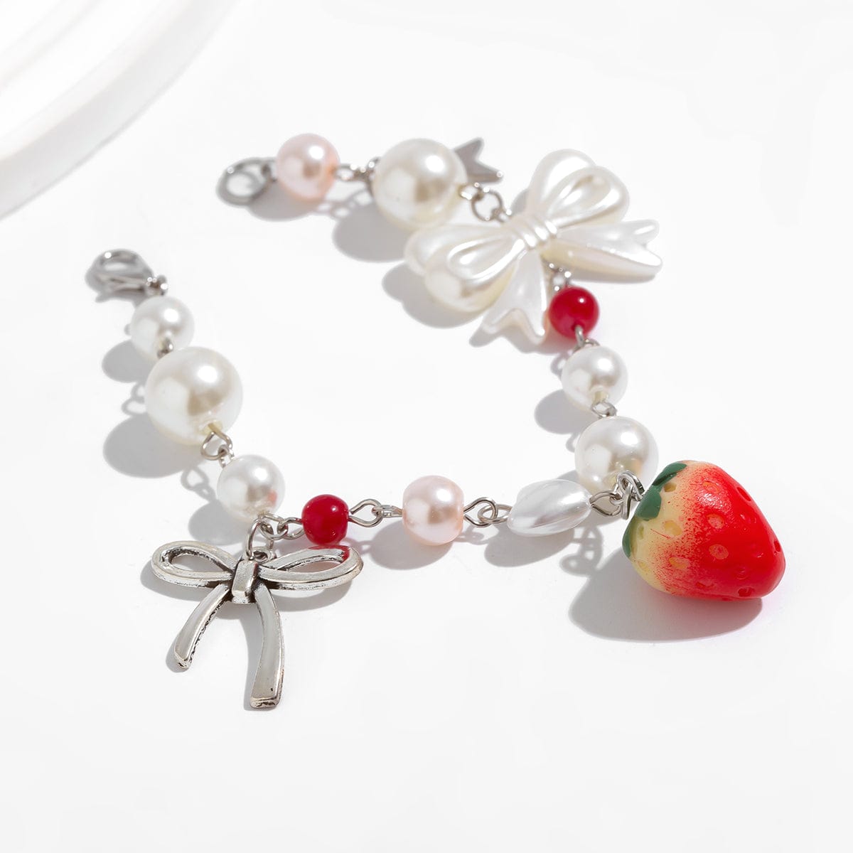 Chic Strawberry Star Charm Bowknot Pearl Chain Bracelet