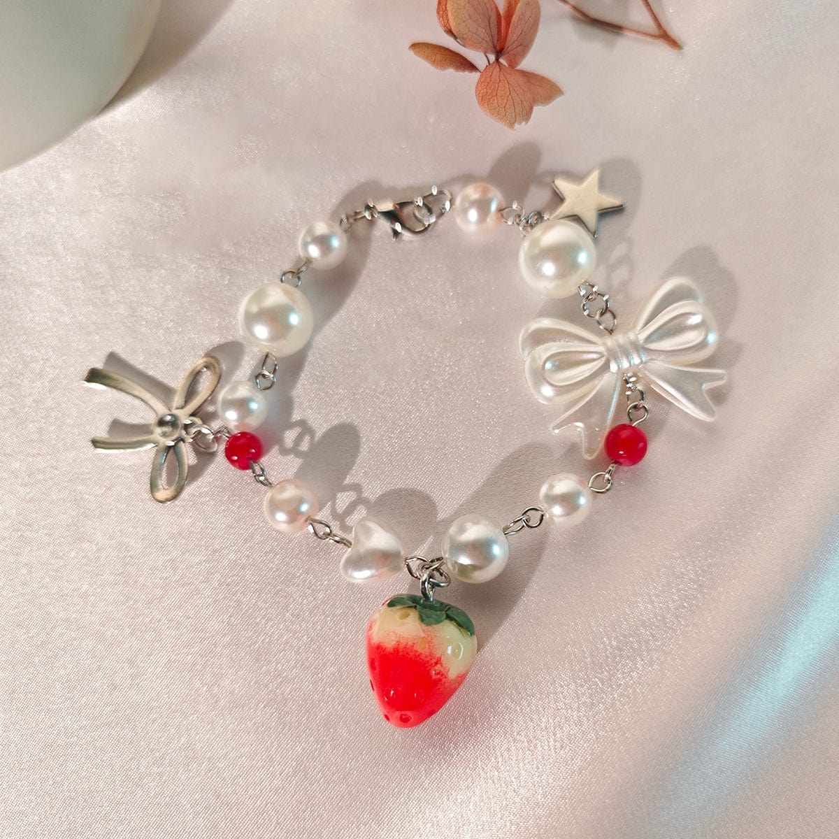 Chic Strawberry Star Charm Bowknot Pearl Chain Bracelet