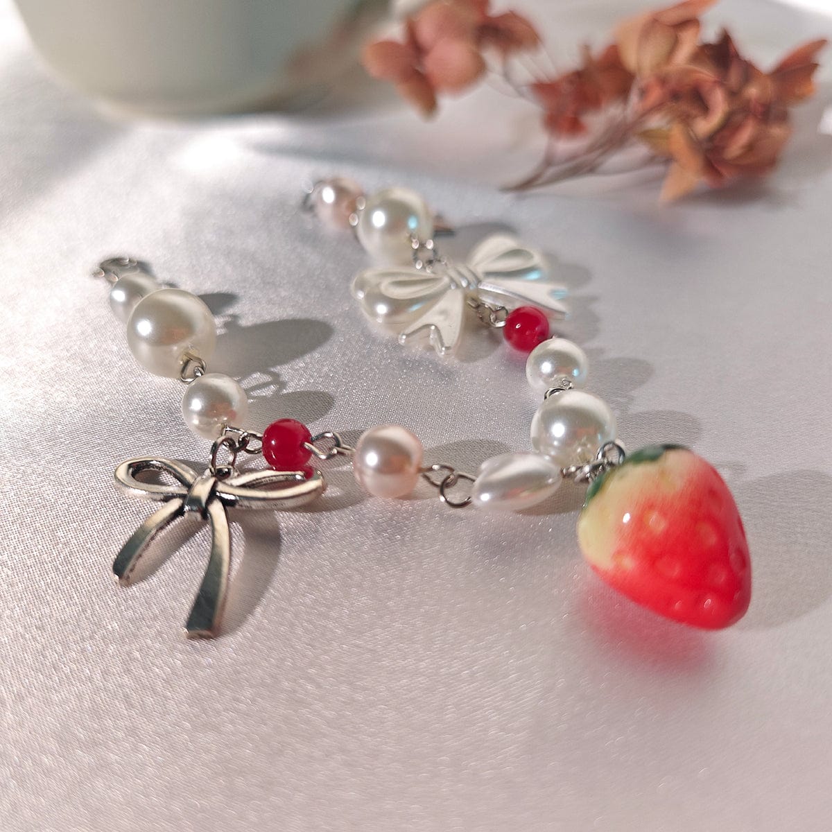 Chic Strawberry Star Charm Bowknot Pearl Chain Bracelet