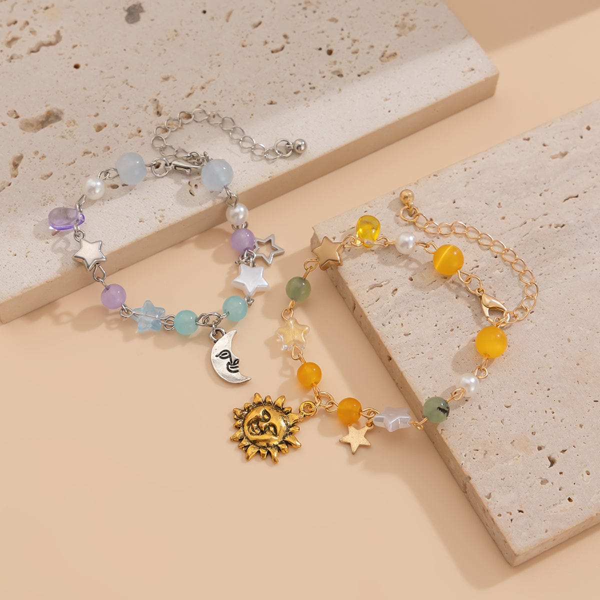 Chic Sun Moon Charm Pearl Crystal Chain Matching Bracelet Set - ArtGalleryZen
