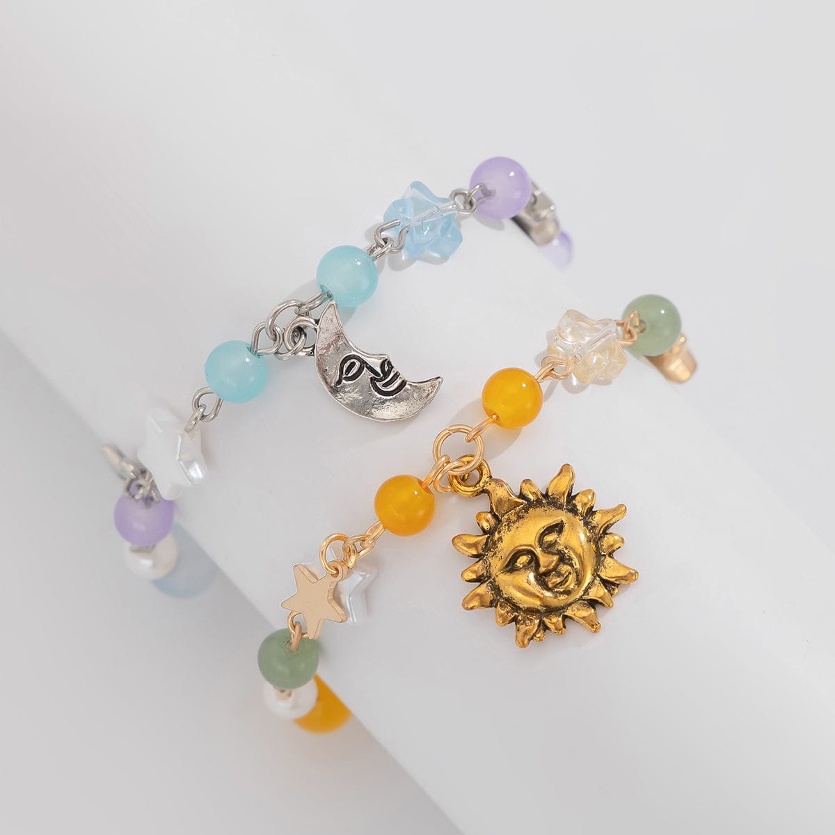 Chic Sun Moon Charm Pearl Crystal Chain Matching Bracelet Set - ArtGalleryZen