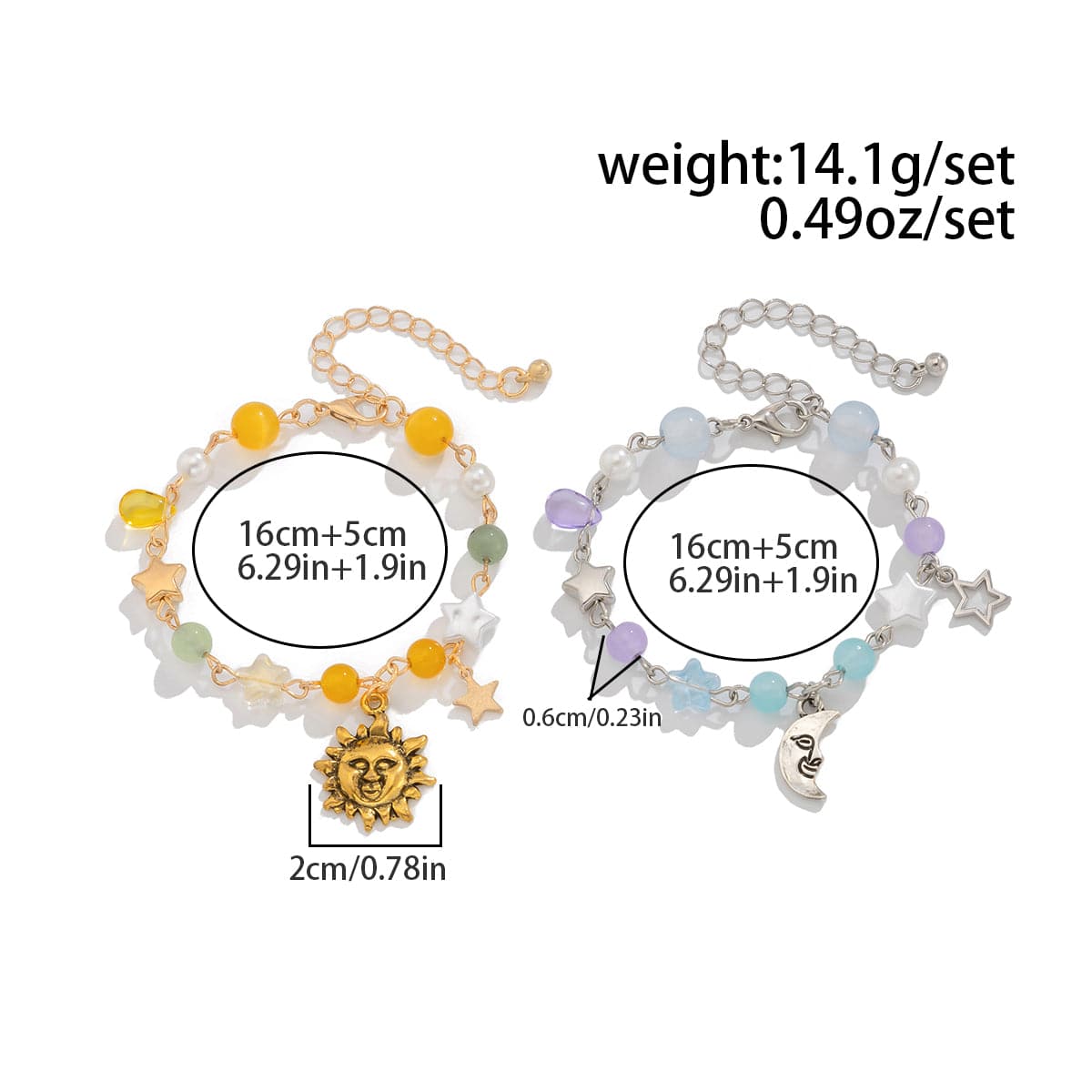 Chic Sun Moon Charm Pearl Crystal Chain Matching Bracelet Set - ArtGalleryZen