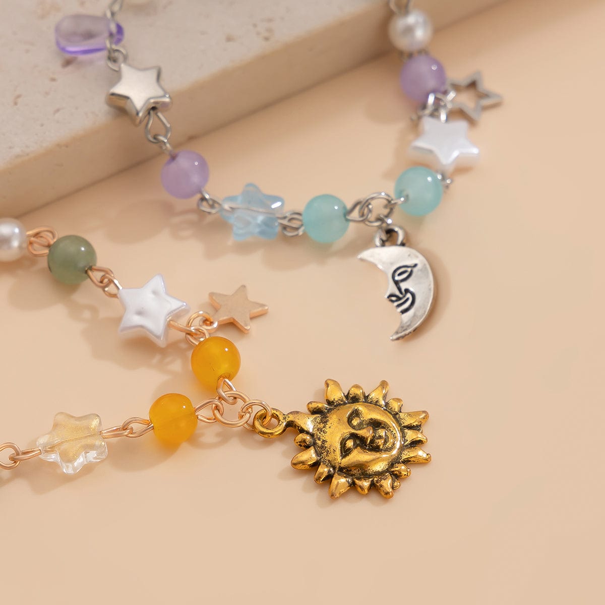 Chic Sun Moon Charm Pearl Crystal Chain Matching Bracelet Set