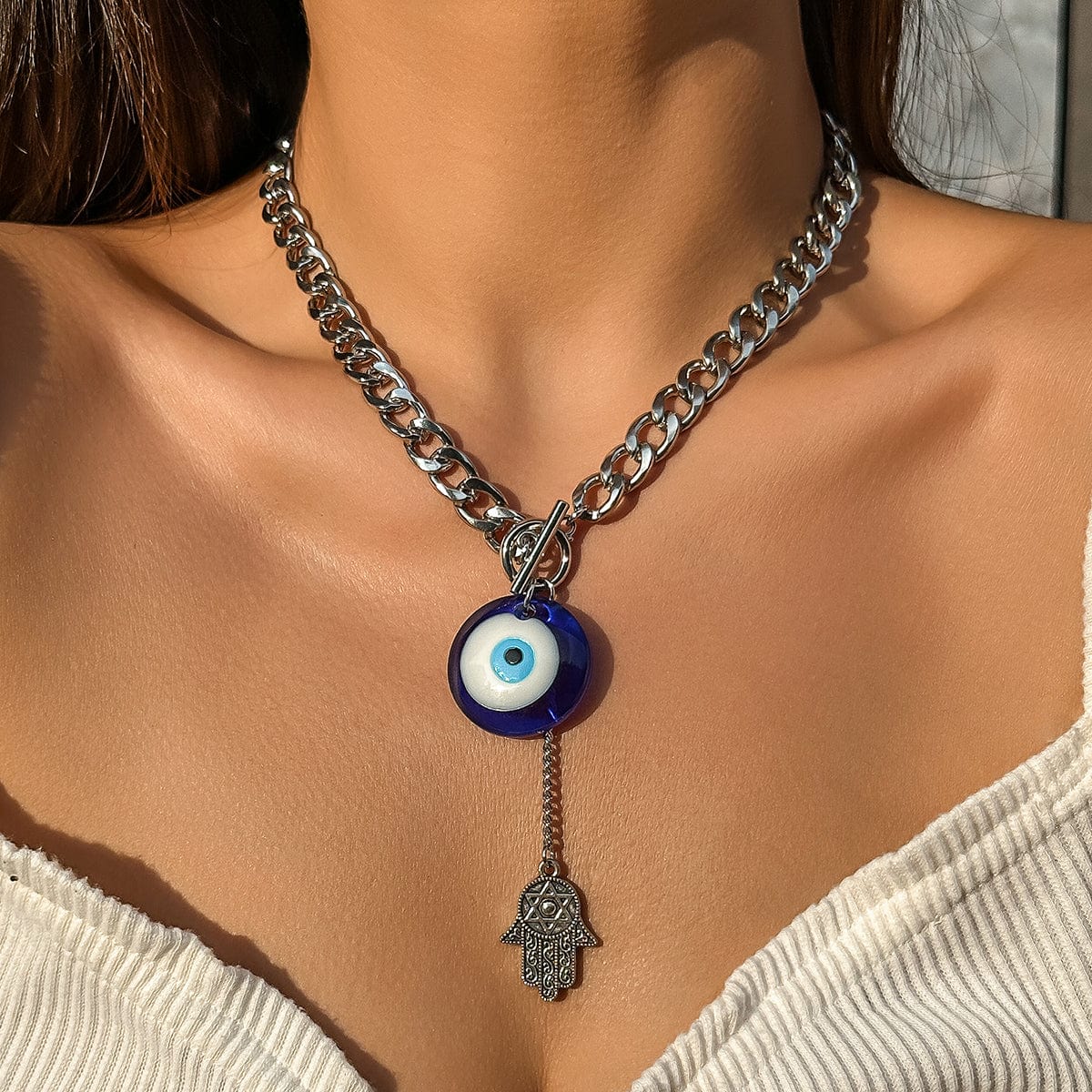 Chic Toggle Clasp Evil Eye Hamsa Curb Chain Necklace - ArtGalleryZen