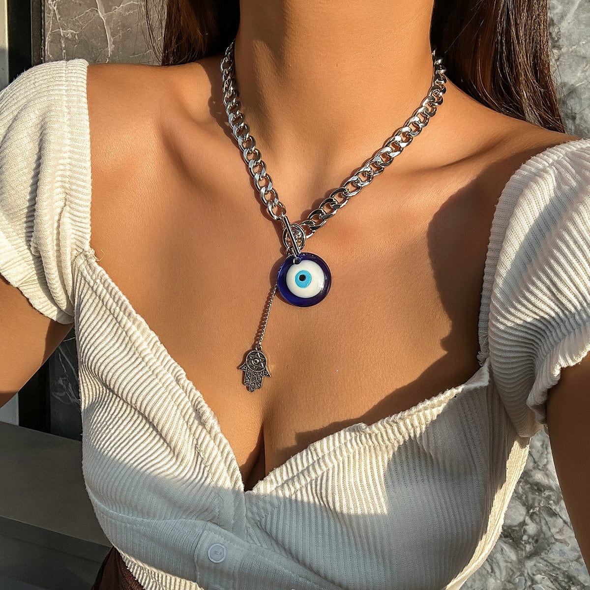 Chic Toggle Clasp Evil Eye Hamsa Curb Chain Necklace - ArtGalleryZen