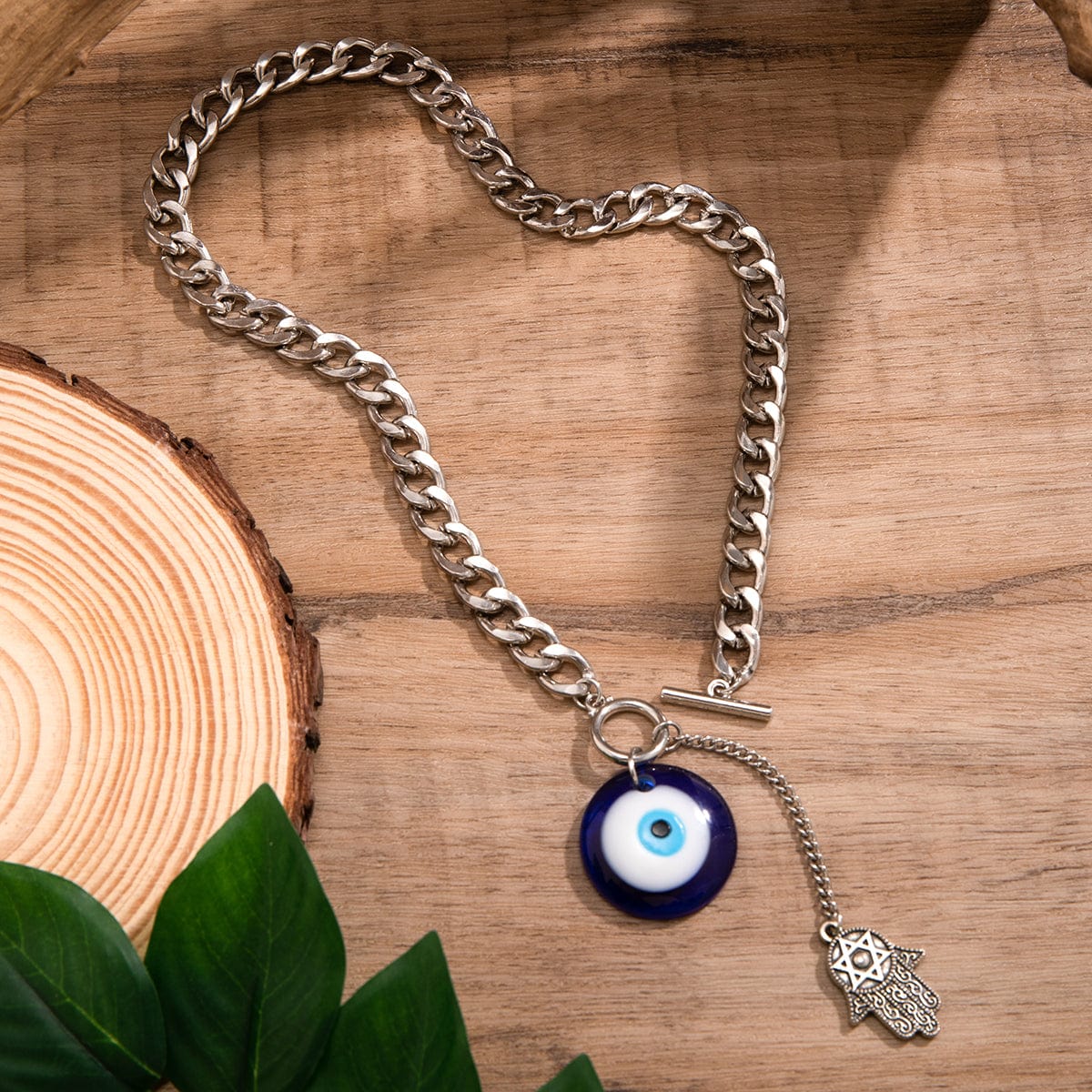 Chic Toggle Clasp Evil Eye Hamsa Curb Chain Necklace - ArtGalleryZen