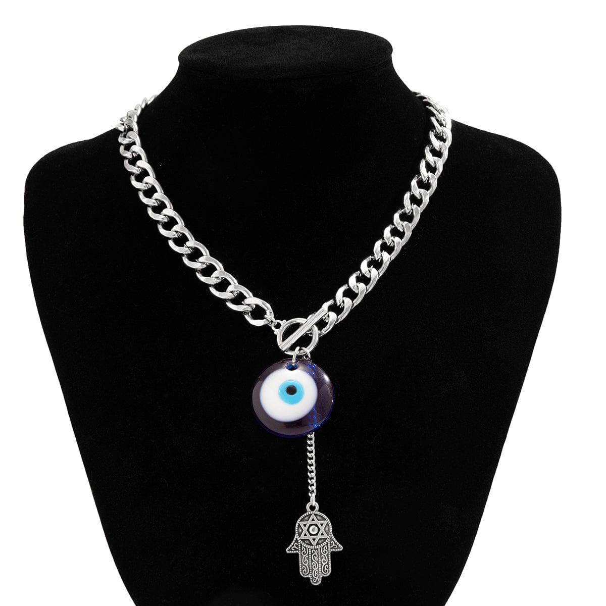 Chic Toggle Clasp Evil Eye Hamsa Curb Chain Necklace - ArtGalleryZen