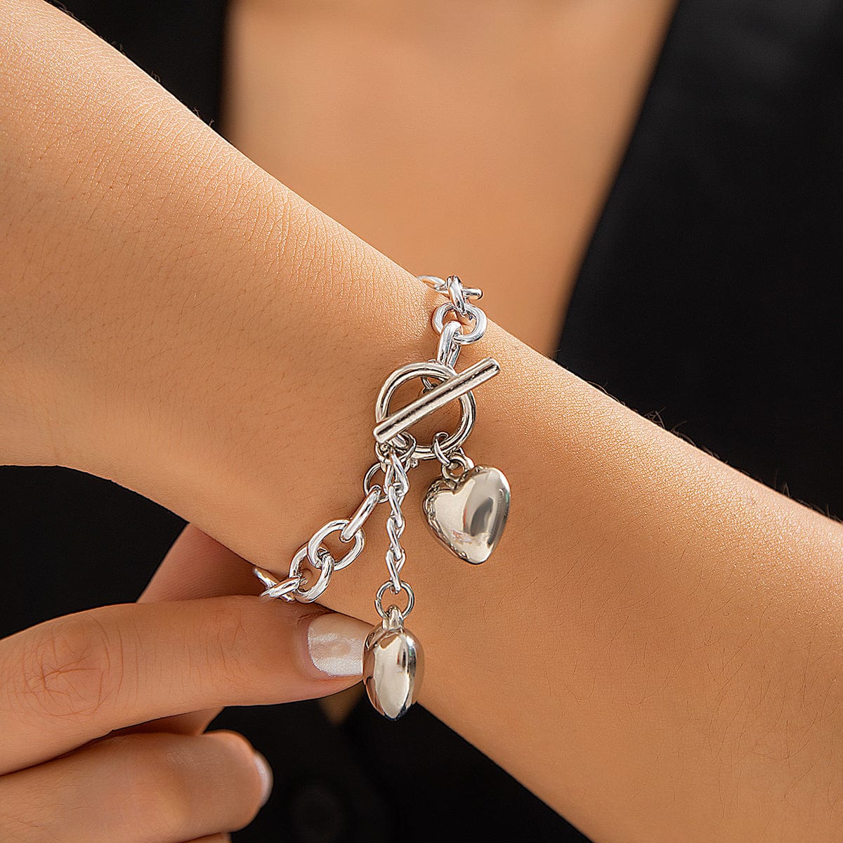 Chic Toggle Clasp Heart Pendant Cable Chain Bracelet - ArtGalleryZen