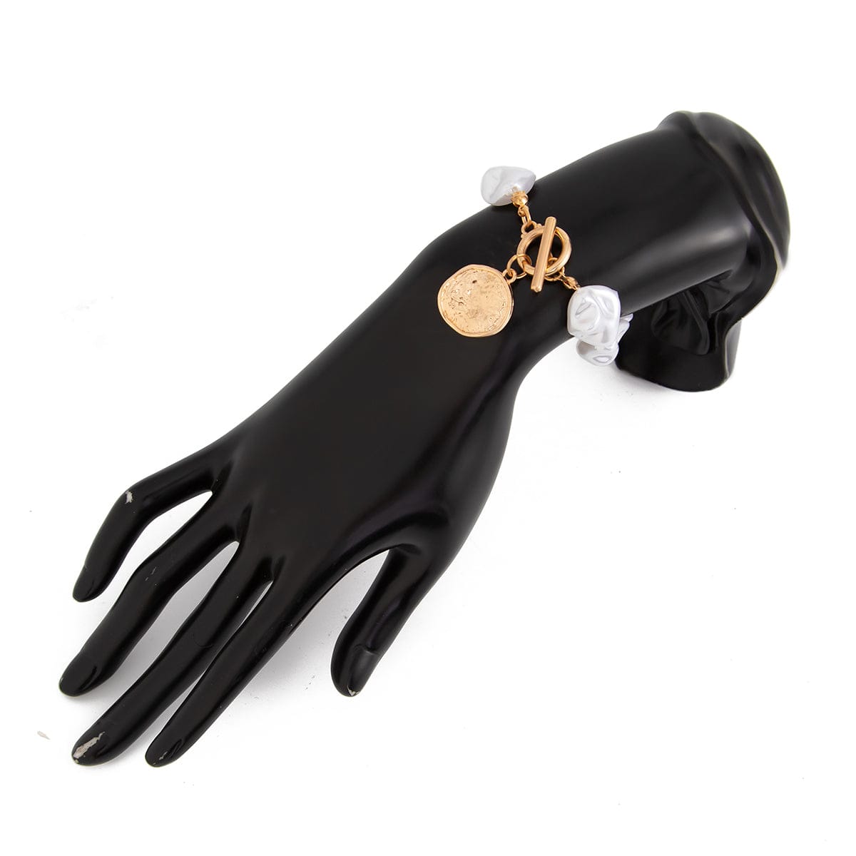 Chic Toggle Clasp Textured Round Disk Pendant Irregular Pearl Chain Necklace Bracelet - ArtGalleryZen