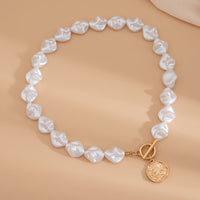 Thumbnail for Chic Toggle Clasp Textured Round Disk Pendant Irregular Pearl Chain Necklace Bracelet