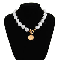 Thumbnail for Chic Toggle Clasp Textured Round Disk Pendant Irregular Pearl Chain Necklace Bracelet