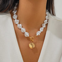 Thumbnail for Chic Toggle Clasp Textured Round Disk Pendant Irregular Pearl Chain Necklace Bracelet