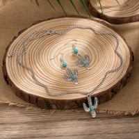 Thumbnail for Chic Turquoise Inlaid Cactus Pendant Necklace Earrings Set - ArtGalleryZen