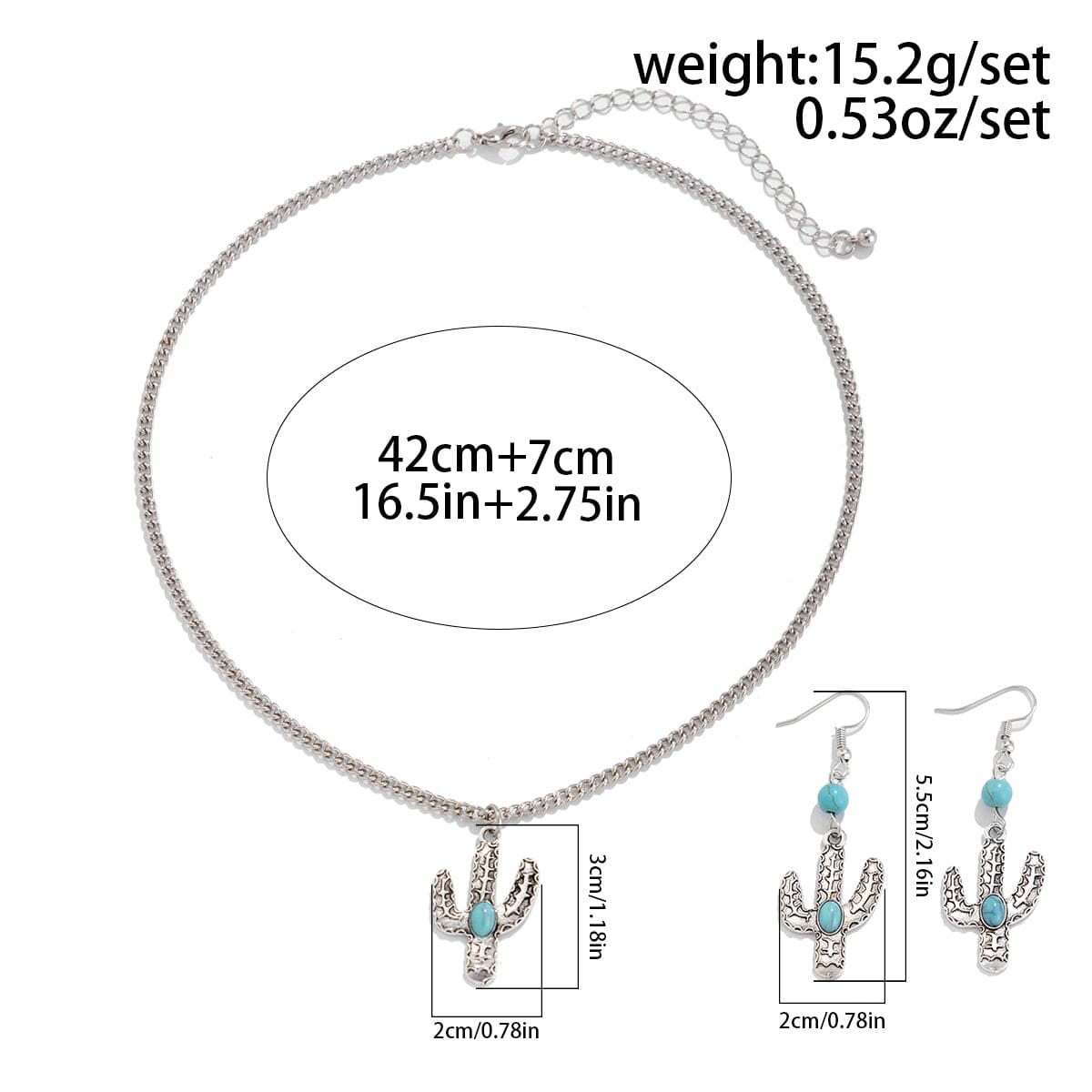 Chic Turquoise Inlaid Cactus Pendant Necklace Earrings Set - ArtGalleryZen