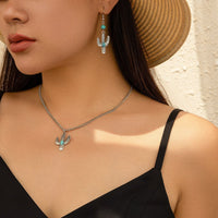 Thumbnail for Chic Turquoise Inlaid Cactus Pendant Necklace Earrings Set - ArtGalleryZen