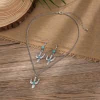 Thumbnail for Chic Turquoise Inlaid Cactus Pendant Necklace Earrings Set - ArtGalleryZen