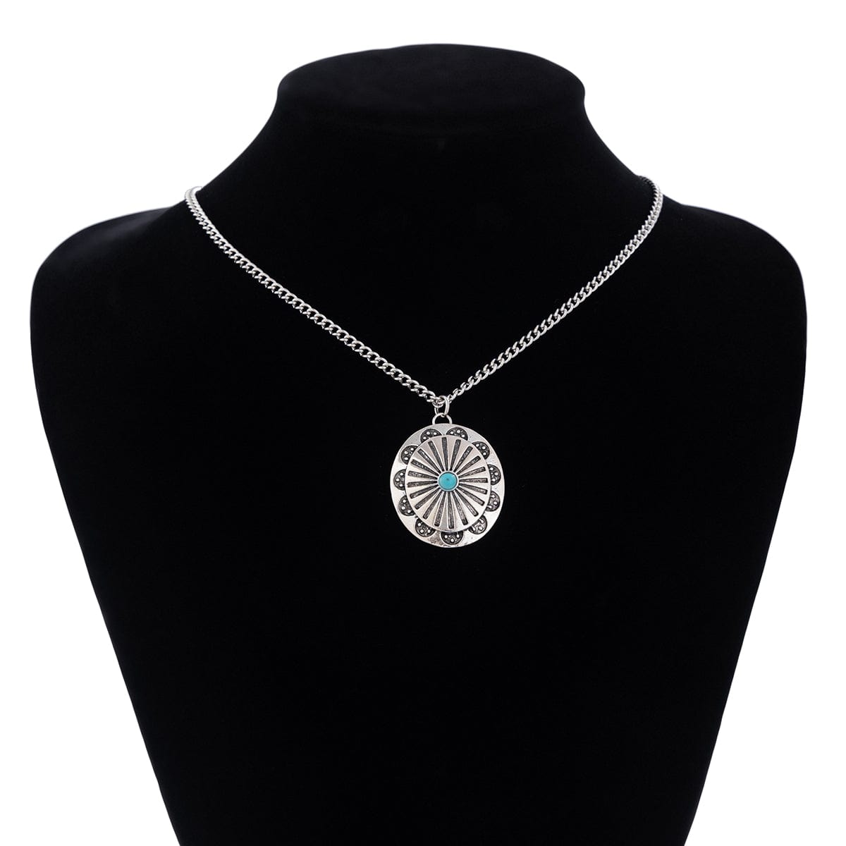 Chic Turquoise Inlaid Carved Sunflower Pendant Necklace Earrings Set - ArtGalleryZen