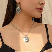Thumbnail for Chic Turquoise Inlaid Carved Sunflower Pendant Necklace Earrings Set - ArtGalleryZen