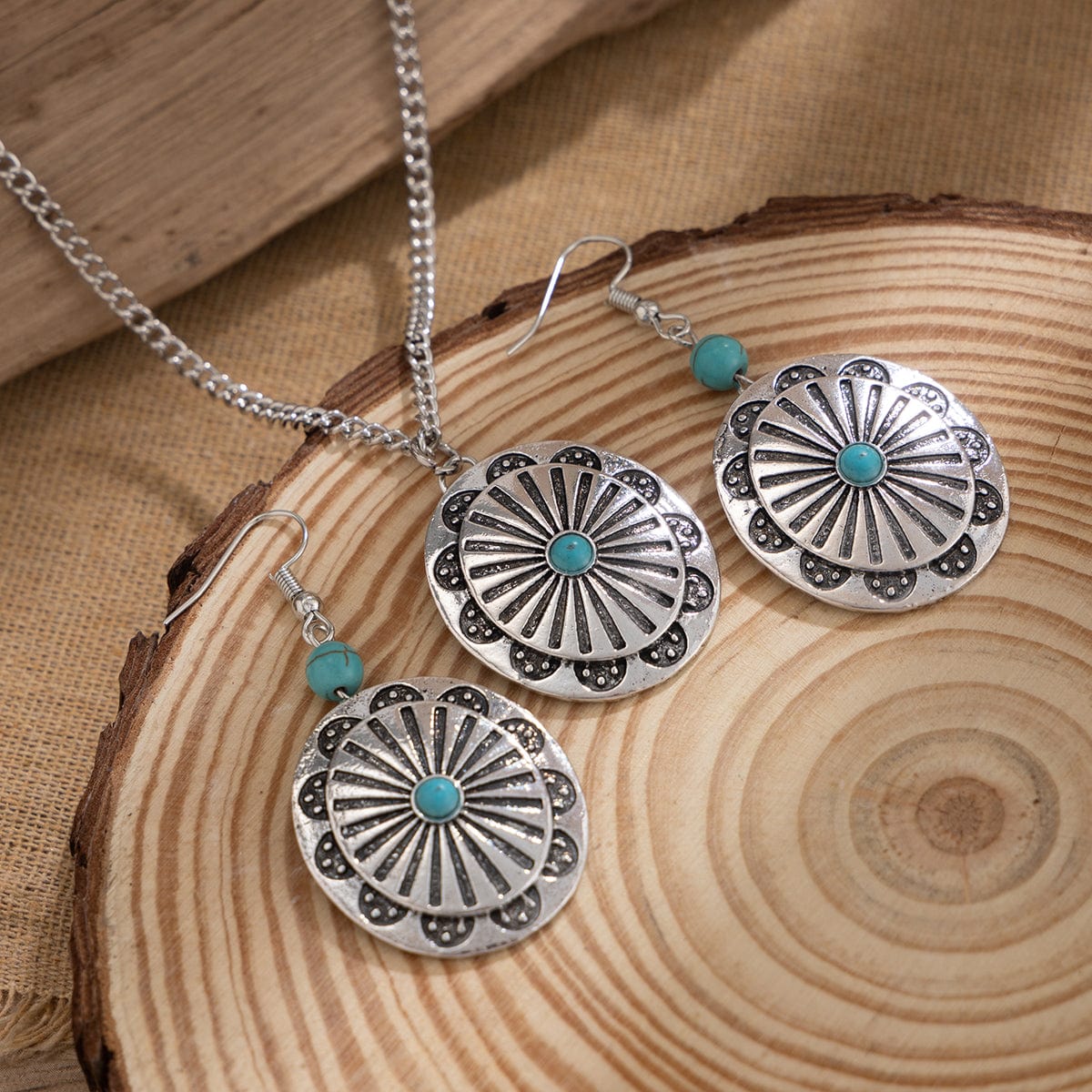 Chic Turquoise Inlaid Carved Sunflower Pendant Necklace Earrings Set - ArtGalleryZen
