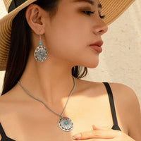 Thumbnail for Chic Turquoise Inlaid Carved Sunflower Pendant Necklace Earrings Set