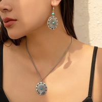 Thumbnail for Chic Turquoise Inlaid Carved Sunflower Pendant Necklace Earrings Set