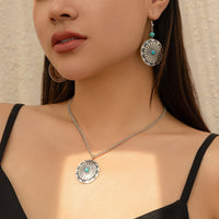 Thumbnail for Chic Turquoise Inlaid Carved Sunflower Pendant Necklace Earrings Set