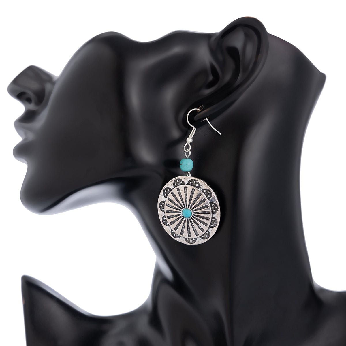 Chic Turquoise Inlaid Carved Sunflower Pendant Necklace Earrings Set