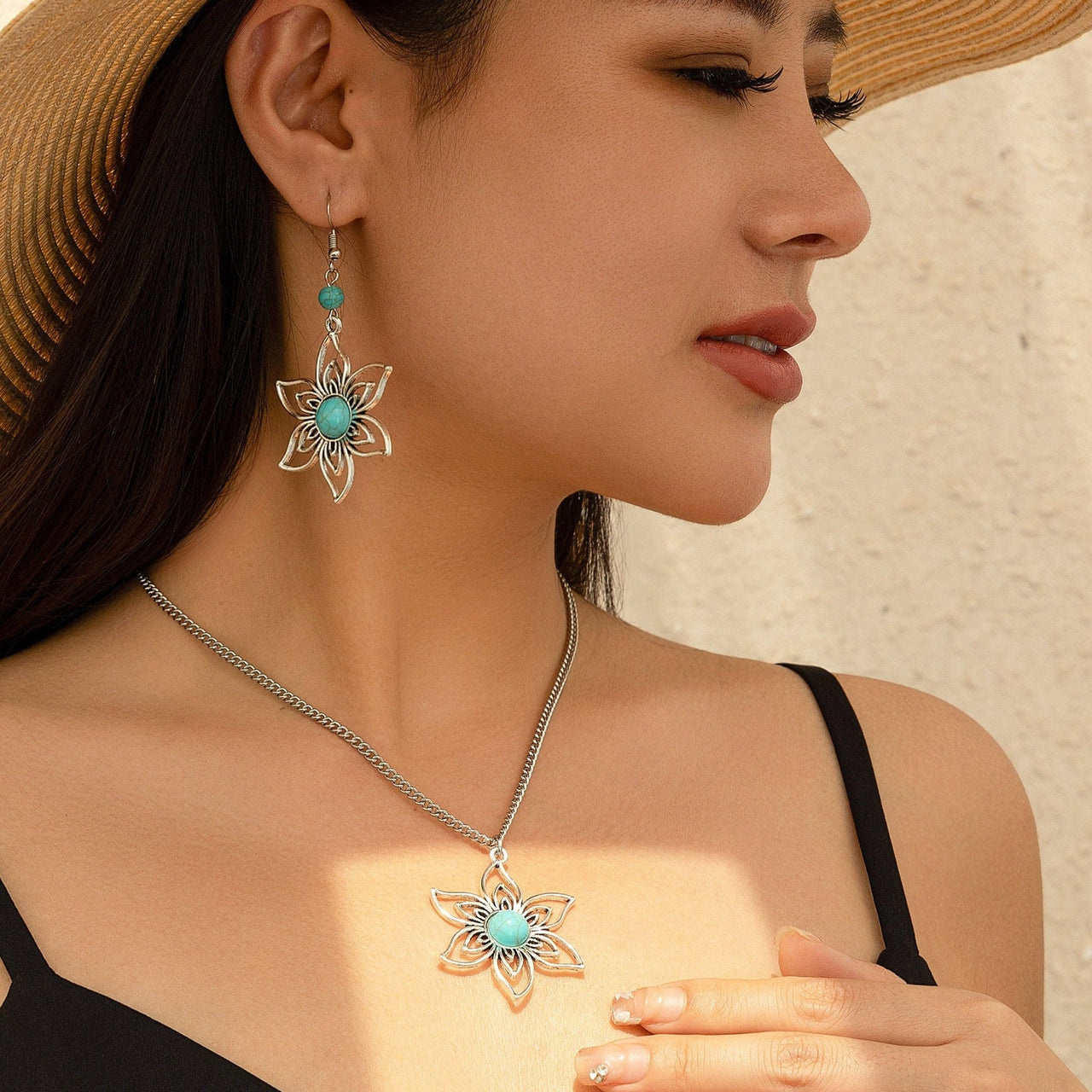 Chic Turquoise Inlaid Hollow Cherry Blossom Necklace Earrings Set - ArtGalleryZen