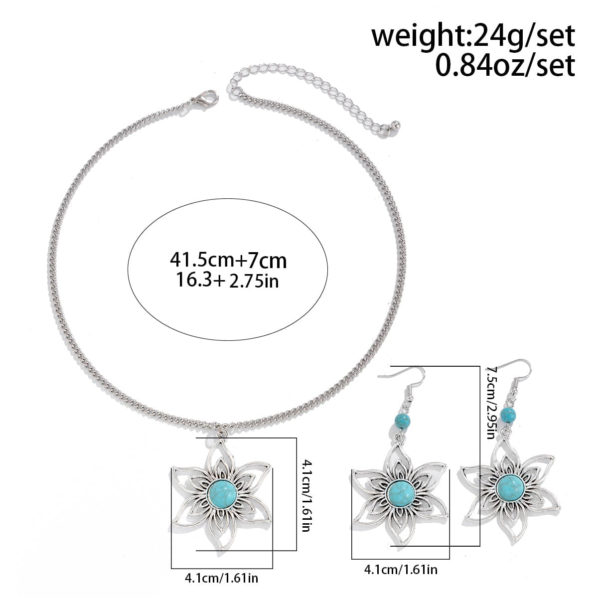 Chic Turquoise Inlaid Hollow Cherry Blossom Necklace Earrings Set - ArtGalleryZen