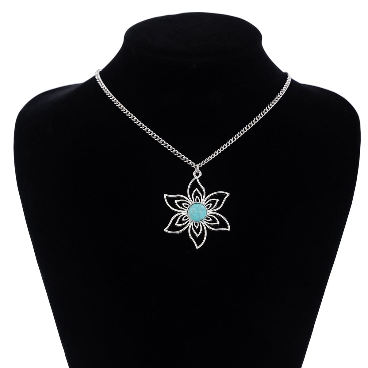 Chic Turquoise Inlaid Hollow Cherry Blossom Necklace Earrings Set - ArtGalleryZen