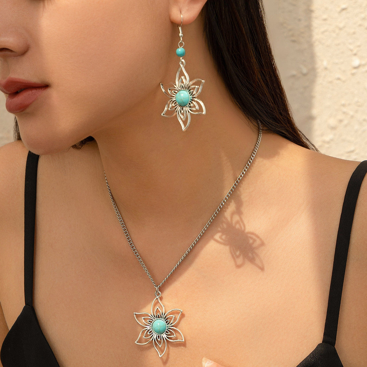 Chic Turquoise Inlaid Hollow Cherry Blossom Necklace Earrings Set