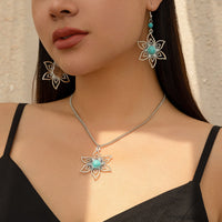 Thumbnail for Chic Turquoise Inlaid Hollow Cherry Blossom Necklace Earrings Set