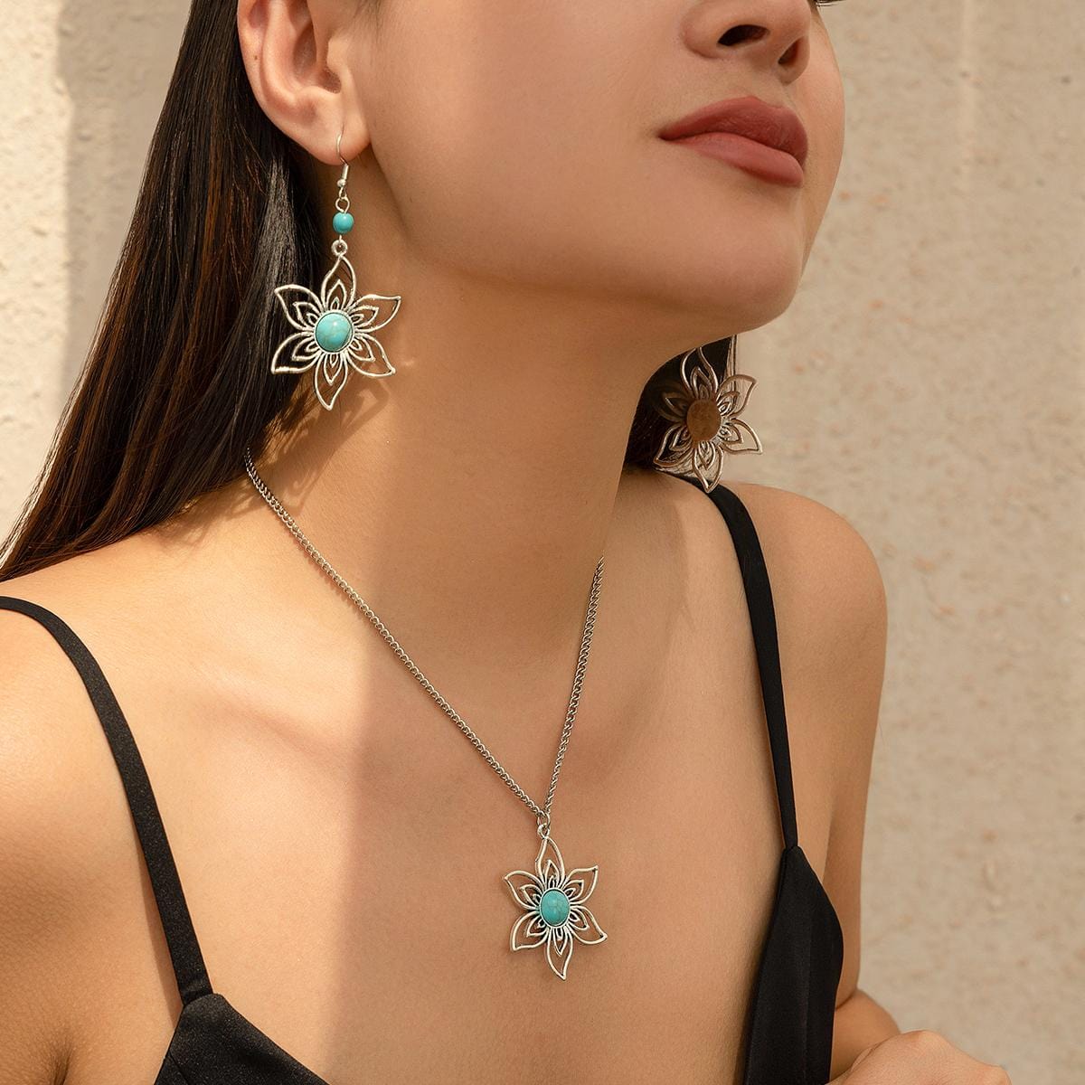 Chic Turquoise Inlaid Hollow Cherry Blossom Necklace Earrings Set